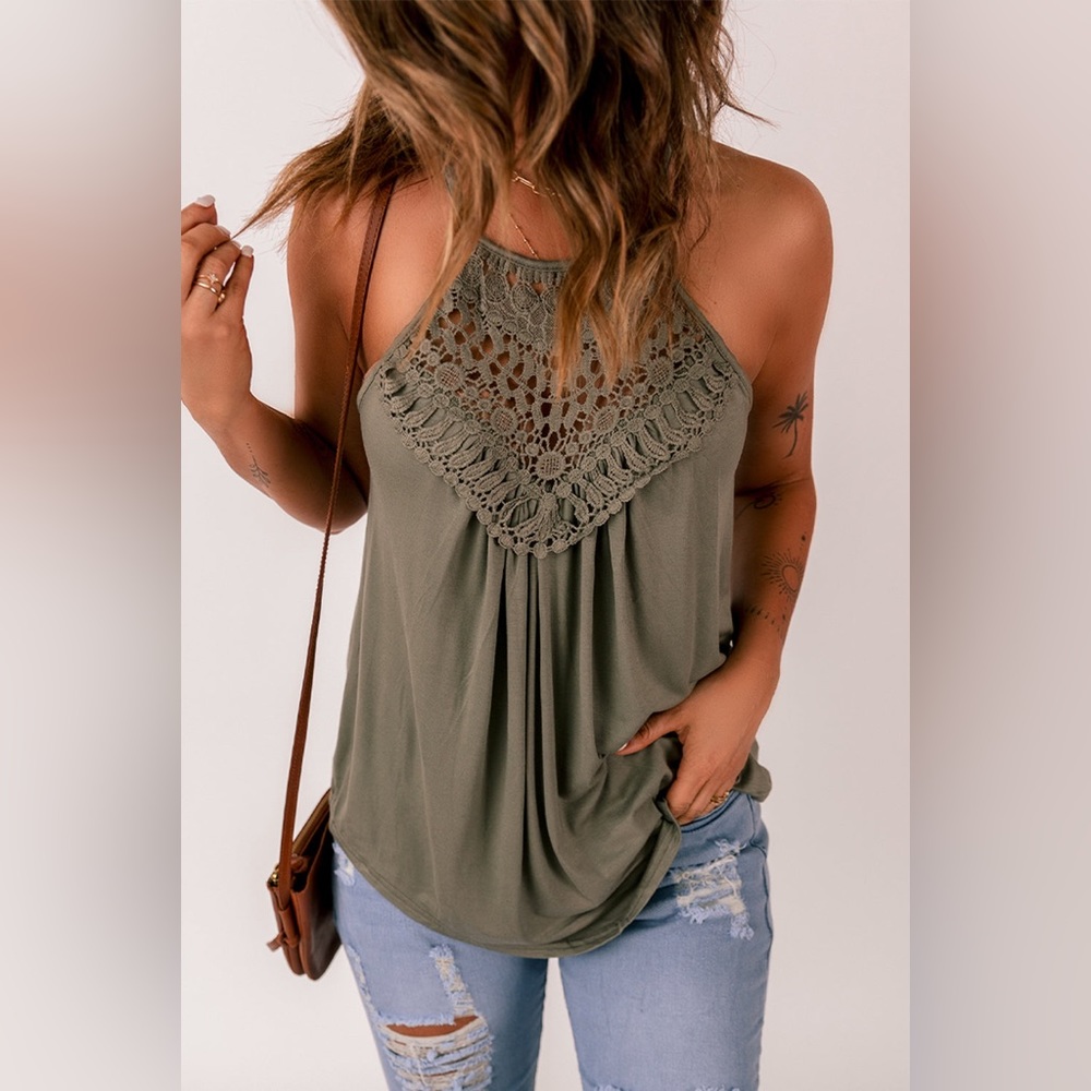 Green Crochet Lace Detail Tank Top